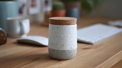 Ceramic jar with cork lid sits on a wooden desk with computer accessories in a modern home office setting.