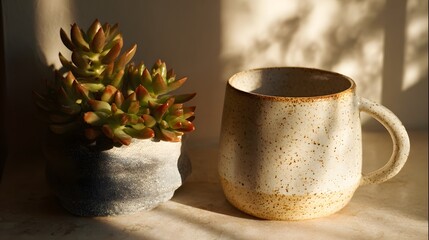 Golden light illuminates a speckled ceramic mug and a potted succulent, creating a cozy scene