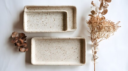 Two ceramic trays rest on a bright surface accented with dried floral stems, creating a serene, minimalist presentation.