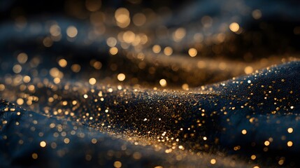 Golden bokeh lights sparkle on a dark blue rippled fabric, creating a glamorous and dreamy backdrop.