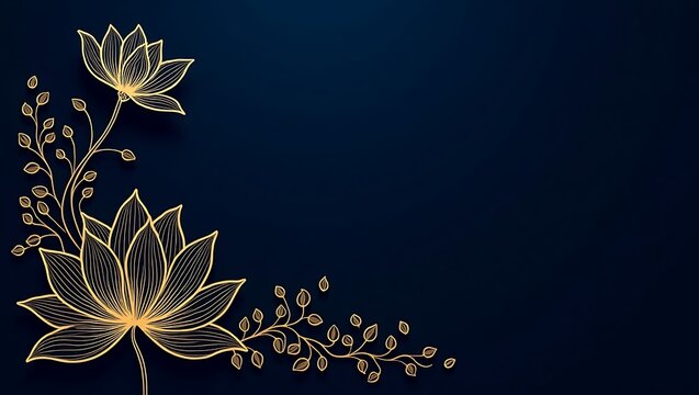 Luxury Gold Lotus Line Art on Dark Blue Background – Elegant Floral Design for Wedding Invitations and Greeting Cards