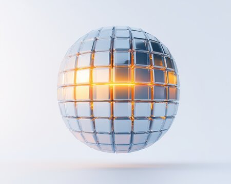 A futuristic, transparent spherical grid with glowing orange light at its center, floating against a minimalistic white background.