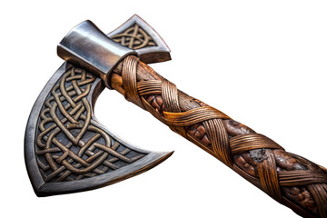 Ornate viking battle axe with intricate knotwork and woven handle isolated on transparent background