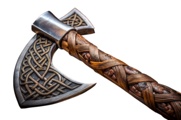 Ornate viking battle axe with intricate knotwork and woven handle isolated on transparent background