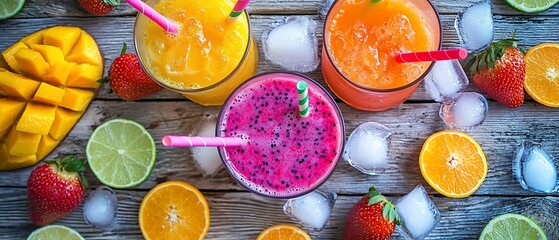 Vibrant Tropical Smoothie Composition with Dragon Fruit, Mango, Strawberries, and Citrus on Rustic Wood