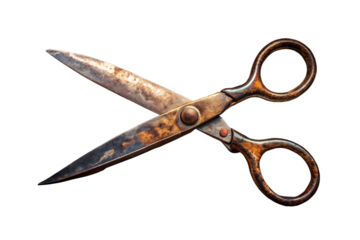 Antique rusty metal scissors with tarnished blades isolated on transparent background