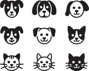 Fototapeta premium Animal Faces Vector Set - Dog and Cat Portraits, Pet Icons, Cute Animals