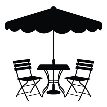 Silhouette of a cafe table with two chairs and a patio umbrella