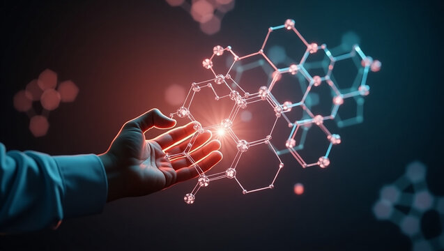 Scientist s hand interacting with a glowing molecular structure in a dark futuristic laboratory