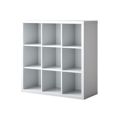 Functional white shelving unit with eight evenly spaced compartments, great for organization and style, on transparent background