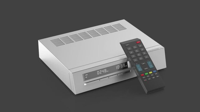 IPTV or satellite TV receiver with remote control on shiny grey background