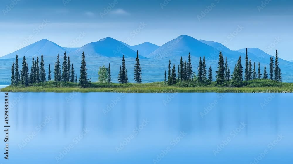 Poster a landscape showing a lakes reflection of an island with trees and grass set against a mountain back