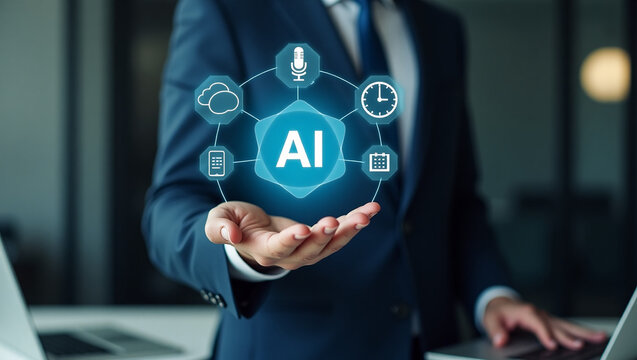 Businessman holding a glowing ai interface with icons representing cloud microphone clock and calendar