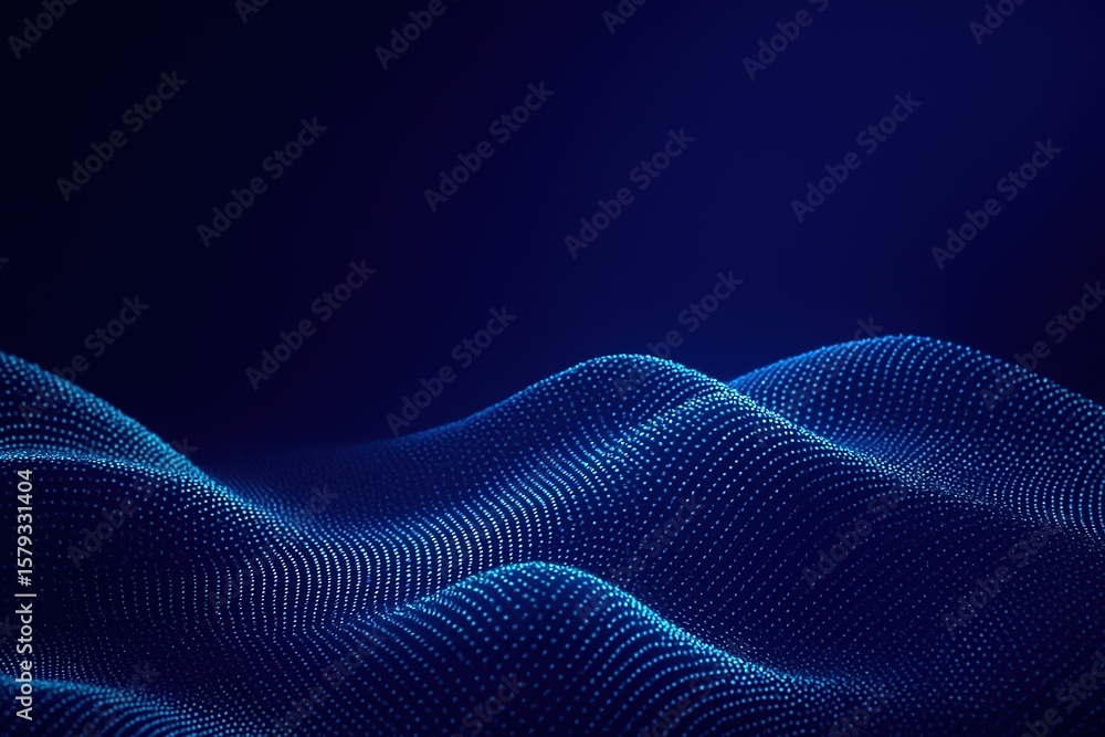 Poster abstract flowing blue digital particle wave landscape with a dark gradient background
