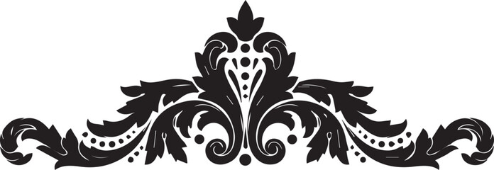 Royal floral divider motif, black and white ornamental flourish with leaves and dots, symmetrical elegance, regal and classic style