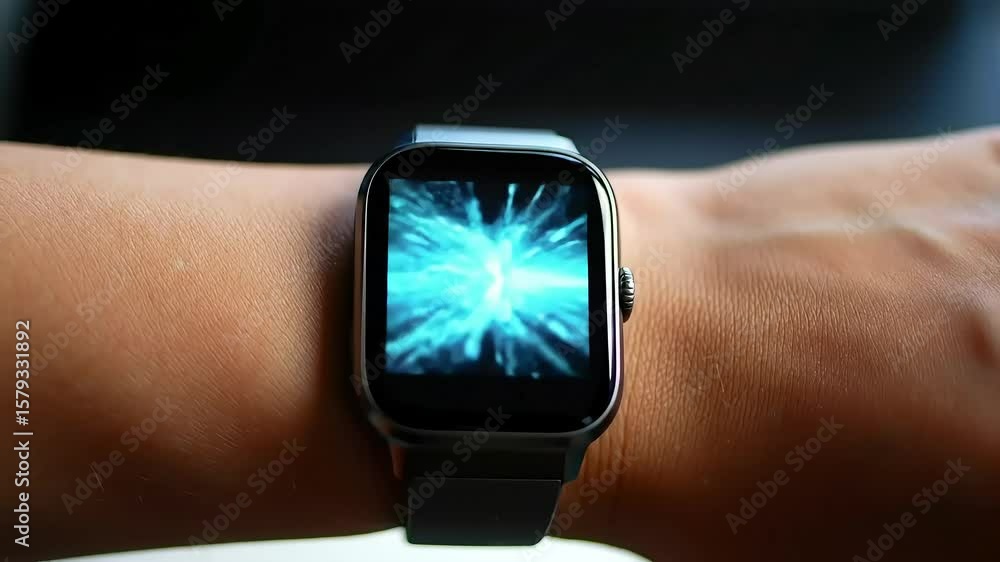 Poster closeup of a smartwatch with a blue abstract display on a dark background