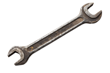 Old rusty metal wrench tool isolated on transparent background