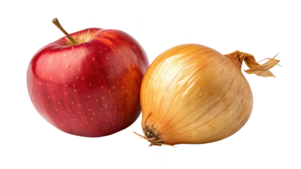 Red apple and yellow onion side by side isolated on transparent background
