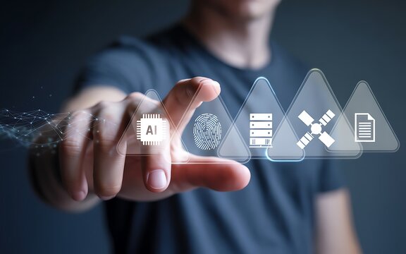 Person touching digital interface with artificial intelligence fingerprint server satellite and document icons