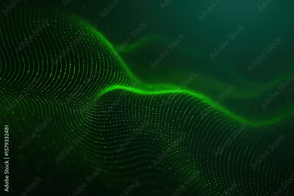 Poster abstract green digital wave pattern formed by glowing particles on a dark background