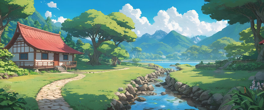 cel shaded anime style illustrtion of  Traditional Japanese-Style Houses Nestled Amidst Lush Green Mountains