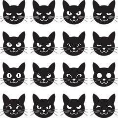 Fototapeta premium Silhouette Cat Faces Grid with Expressive Emotions in Minimalist Style