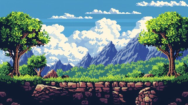 Pixel landscape with trees, rocks, grass, and distant mountains under a clear sky.