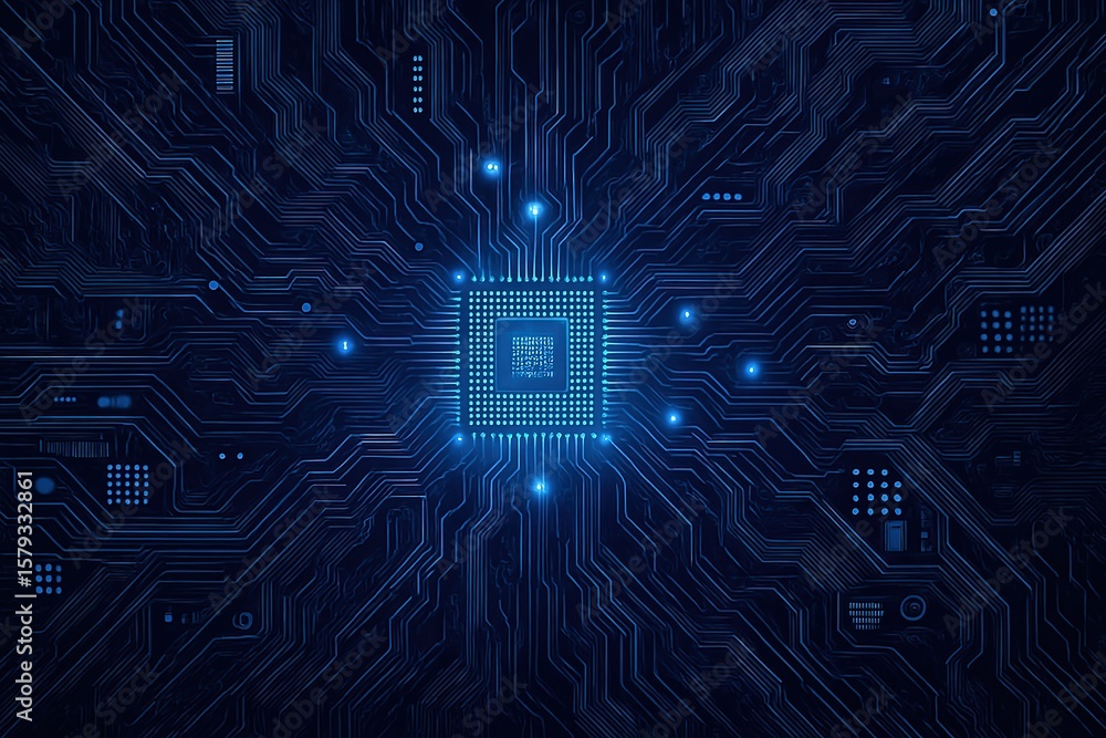 Poster futuristic blue circuit board with glowing central processor and data pathways