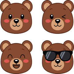 Cute Kawaii Cartoon Bear Faces in 2x2 Grid with Fun Expressions