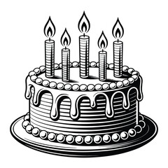 Black and white illustration of a birthday cake with five lit candles and dripping icing