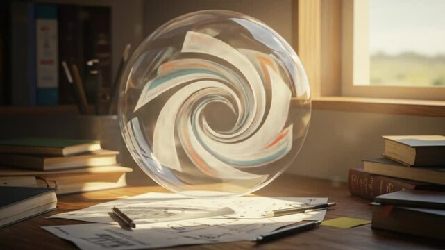 Abstract swirling object in interior setting