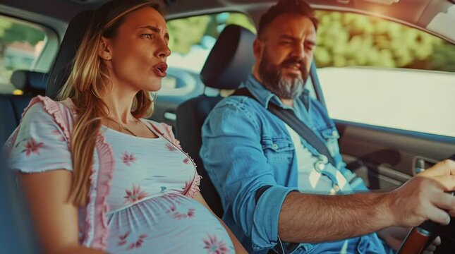 Pregnant woman enduring strong labor pains while partner navigating busy urban roadway toward medical facility