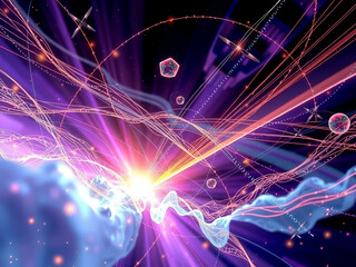 Abstract Energy Burst with Geometric Shapes and Flowing Lines in Purple and Pink