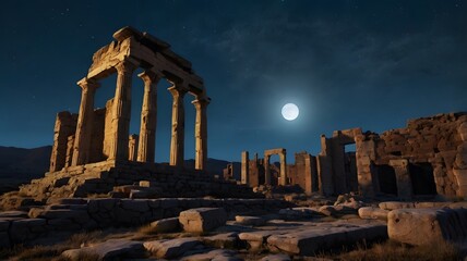 Fototapeta premium Crumbling Temple with Columns Lit by Soft Moonlight Under Night Sky and Hints of Blueish Atmosphere 