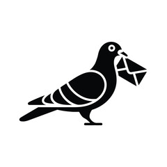 Silhouette of a pigeon carrying an envelope in its beak on a white background