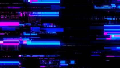 Abstract digital glitch art.  Vibrant neon colors,  horizontal lines,  distorted shapes,  dark background