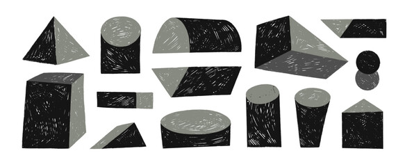 Funky abstract isometric geometric shapes and forms. Crayon drawn graphic 3D figures. Set of isometric simple childish constructions. Monochrome hand drawn vector shapes. Cylinder, pyramid, cube.