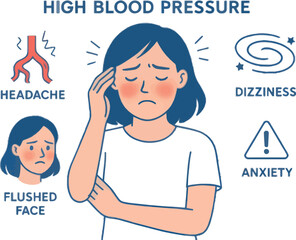 Vector illustrations of men and women checking blood pressure, showing high/low BP symptoms, chest pain, doctor consultation, and medical infographics with clean, modern, flat design.