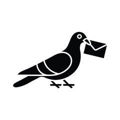 Black silhouette of a pigeon carrying a letter in its beak on a white background