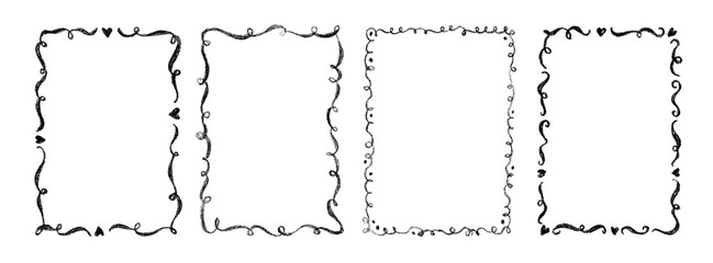 Crayon drawn doodle frame set. Rectangle shapes with wavy decorative lines. Whimsical frames in elegant coquette style. Pencil texture hearts and wavy borders. Funky vector text rectangles.