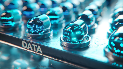 a close-up of capsules filled with glowing binary code instead of powder, labeled "DATA", placed on a clinical metal tray, high-detail conceptual art