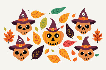 Fototapeta premium Adorable Halloween Pumpkins and Skulls with Autumn Leaves Cute Fall Illustration