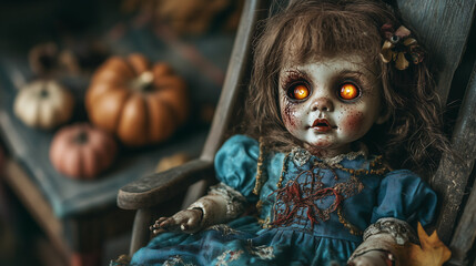 Creepy porcelain doll with cracked face, glowing empty eyes, sitting in rocking chair with vintage halloween decorations, horror movie atmosphere