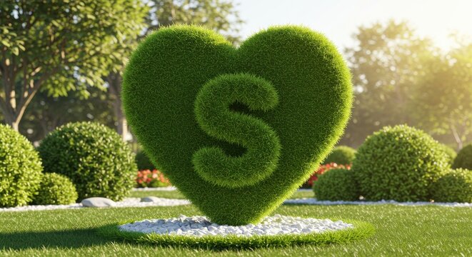 Green heart shaped topiary with letter s in a sunny garden isolated on white background
