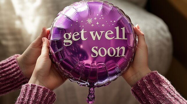 Hands holding a purple balloon wishing someone well