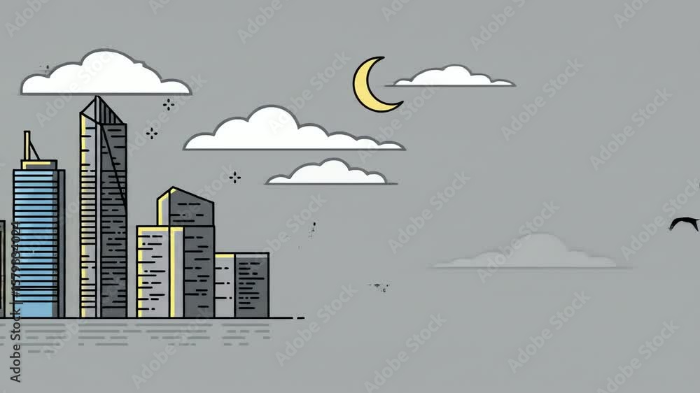 Poster a stylized skyline with tall buildings beneath clouds and a crescent moon depicted with simple lines