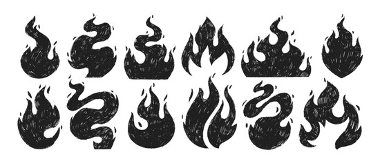 Collection of various crayon drawn fire flames. Vector doodle illustration with pencil texture. Hand drawn hot flaming elements. Bonfire sketches, punk or rock style symbols.