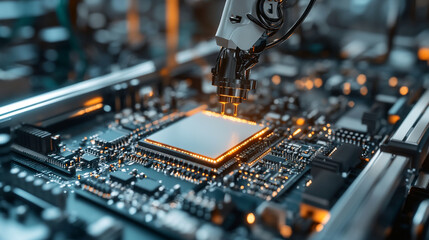 computer chip set on circuit board assembled by robotic arm in hi tech factory