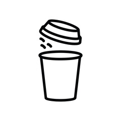 Simple line art icon of a coffee cup with its lid slightly ajar and steam rising