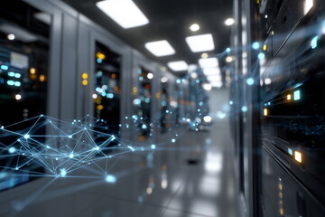 a high-tech server room filled with illuminated racks and blinking lights, digital blockchain network graphics overlayed in the air, cool blue lighting and metallic textures, secure and futuristic.